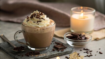 Cozy hot chocolate with whipped cream and chocolate shavings in a candlelit setting