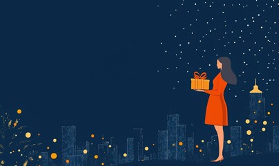Naklejka premium Woman holding gift in city skyline, festive atmosphere, night sky, snowflakes, holiday spirit
