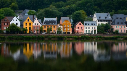 Naklejka premium A serene riverbank with colorful houses reflecting on the waters surface.