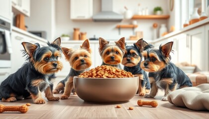 Adorable small dogs enjoy meal together in bright kitchen. Four Yorkshire terriers happily eat from large bowl of dog food. Pet accessories like chew toys, beds scattered around. Dogs small, cute,