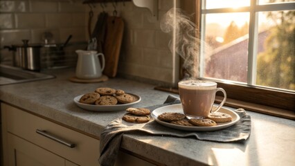 Warm morning coffee with cookies on sunlit kitchen counter