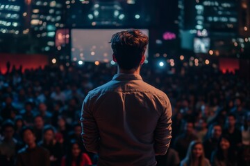 Person's back facing large audience, nighttime event.