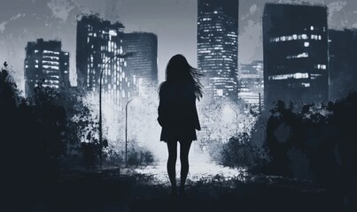 Fototapeta premium Silhouette of woman against city skyline, night scene, urban landscape, moody atmosphere, illuminated buildings, dark tones