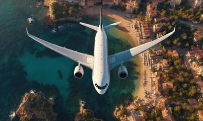 Naklejka premium Airplane flying over beach resort, aerial view, turquoise water, sandy shore, coastal town, palm trees, summer vacation