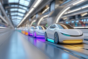 Futuristic Autonomous Electric Cars with Neon Underglow on a Smart Production Line. Concept of Advanced Manufacturing, Technology, and Future Transportation. AI generated