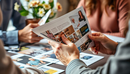 Hands flip through marketing brochures during brand review. People evaluate existing brand materials. Collaborative discussion on brochures. Team examines visual aspects, content of booklets.