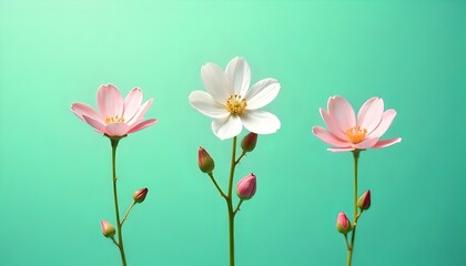 Three Floral Sprigs with White Flowers and Pink Buds on a Green Background - Natural and Candid Photography