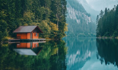 Fototapeta premium Serene lakeside cabin reflection, vibrant orange cabin nestled among lush green trees, tranquil lake mirroring mountains, peaceful nature scene