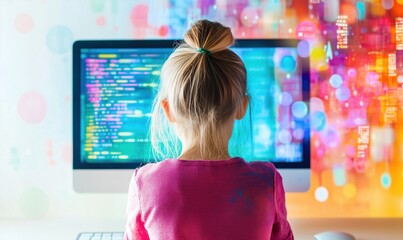 Child programming at computer, colorful code on screen, vibrant background, technology education, digital learning