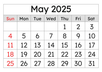 Calendar for may 2025. Simple vector illustration. English page of spring month