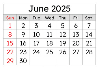 Calendar for june 2025. Simple vector illustration. English page of summer month