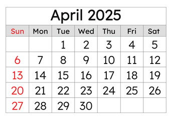 Calendar for april 2025. Simple vector illustration. English page of spring month