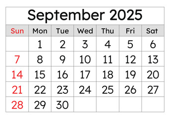 Calendar for september 2025. Simple vector illustration. English page of autumn month