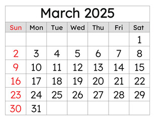Calendar for march 2025. Simple vector illustration. English page of spring month