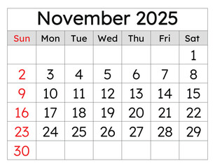 Calendar for november 2025. Simple vector illustration. English page of autumn month