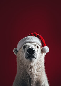 happy white polar bear with christmas santa claua hat. Polar bear enjoys christmas
