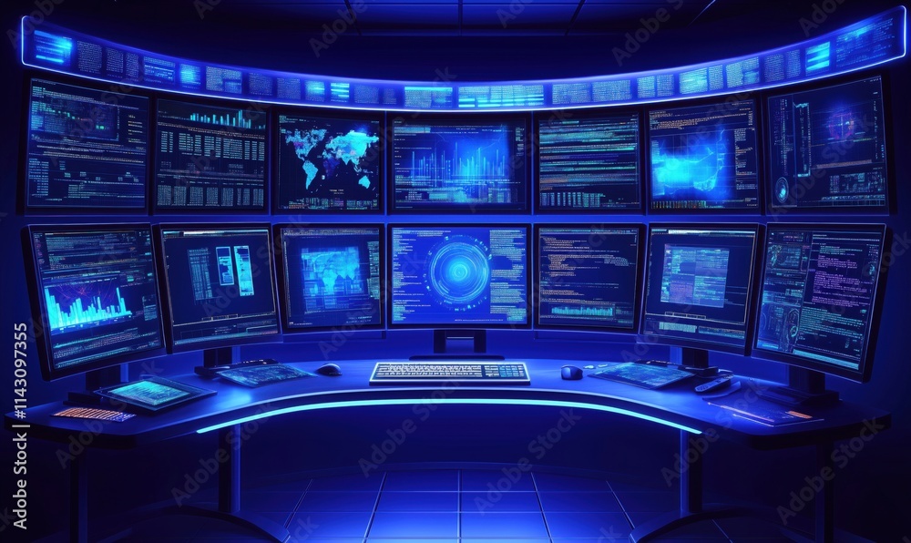 Poster high-tech control room with multiple screens displaying data analytics, graphs, and maps. futuristic