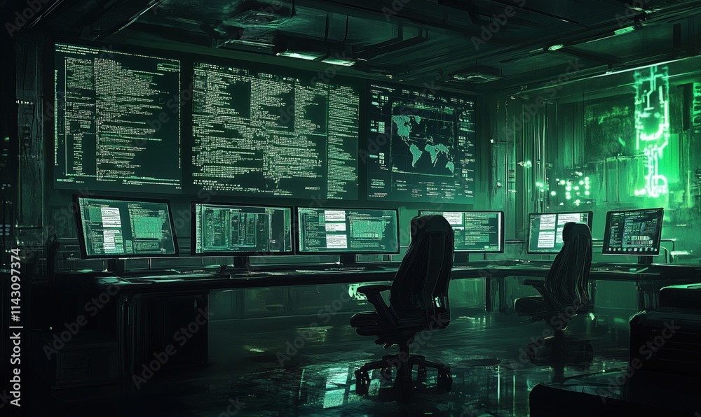 Poster futuristic control room with multiple screens displaying data and maps, high-tech environment, green