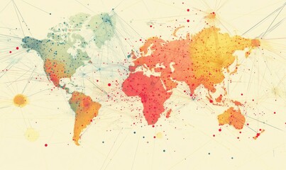 Obraz premium World map visualization of data connections, colorful dots representing various locations, lines indicating connections, abstract design