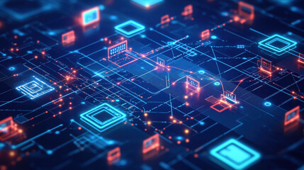 Fototapeta premium Digital Blueprint-Style Background with Interconnected Pathways, Circuit Boards, and 3D Elements, Representing Tech Innovation, Engineering, and System Design