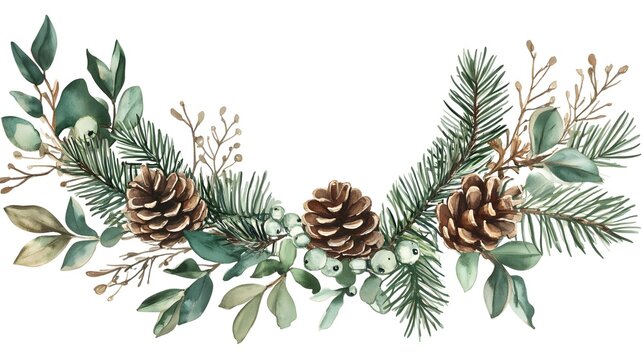 Winter greenery holiday frame with botanical elements like fir branches and pine cones