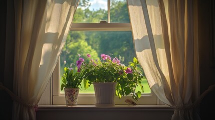Sunlit window with potted purple flowers and sheer curtains, overlooking a green landscape.