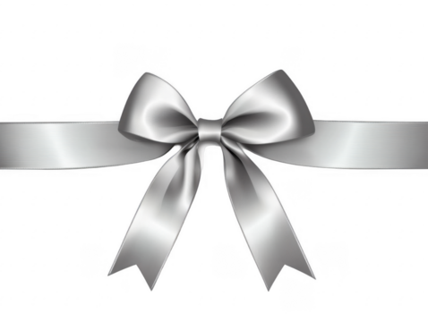 Realistic shiny silver ribbon with bow - gift wrapping decoration on transparent background

