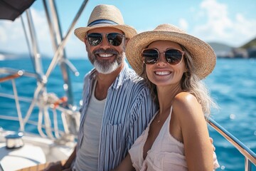 A couple smiles brightly while relaxing on a sailboat under a clear blue sky, enjoying their time...