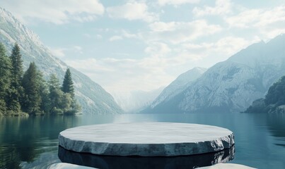 Serene mountain lake with circular platform, tranquil water reflecting mountains, lush greenery, clear sky, peaceful atmosphere