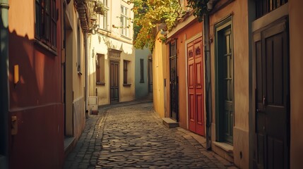 Fototapeta premium A traditional Mediterranean street with cobblestones and brightly painted doors.