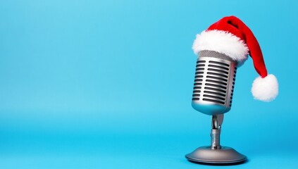 Christmas-themed retro microphone with a Santa hat on a blue background, a concept for Christmas music. Space for text.