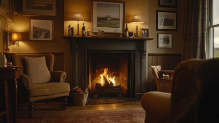 Cozy living room with fireplace, armchairs, and framed pictures.