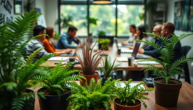 Eco friendly company employees meet in modern office to discuss eco strategies, ways to reduce carbon emissions. Plan to become global leader in eco sustainability, saving planet. Focused on