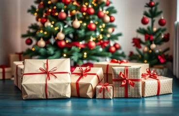 Festive Christmas gifts displayed under decorated Christmas tree. Presents wrapped in kraft paper...