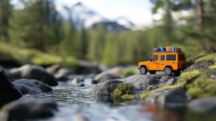 Obraz premium Scenic Mountain Road with Truck and Car by a River in Spring Landscape