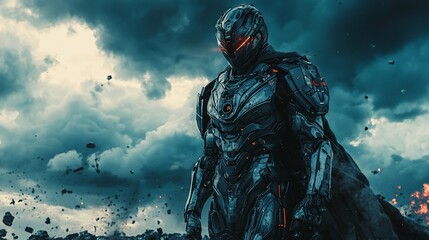 Futuristic armored warrior in a post-apocalyptic landscape.