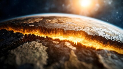 Fototapeta premium A vivid cutaway showing Earths outer layers with tectonic movements illustrated.