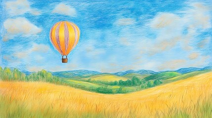 Obraz premium A whimsical crayon drawing of a hot air balloon floating over a scenic landscape.