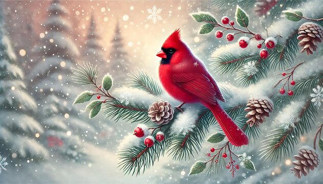 Depict charming holiday card featuring red cardinal perched on snow-dusted pine branch, with soft snowflakes falling gently in background using Generative AI