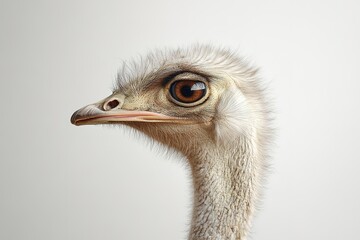 Close-up of ostrich head with detailed eyes and feathers on white.