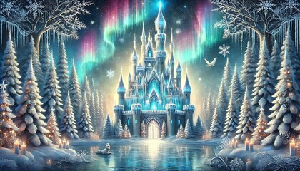 Depict an enchanted icy castle surrounded by frosted trees and shimmering auroras, perfect for a magical winter holiday card using Generative AI