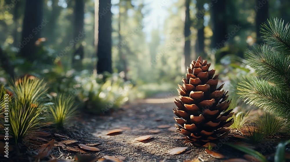 Canvas Prints Pine cone on forest path, sunlit woods.