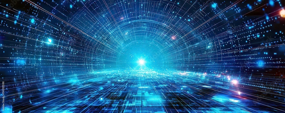 Poster futuristic digital background with light trails and data streams creating a sense of speed and movem