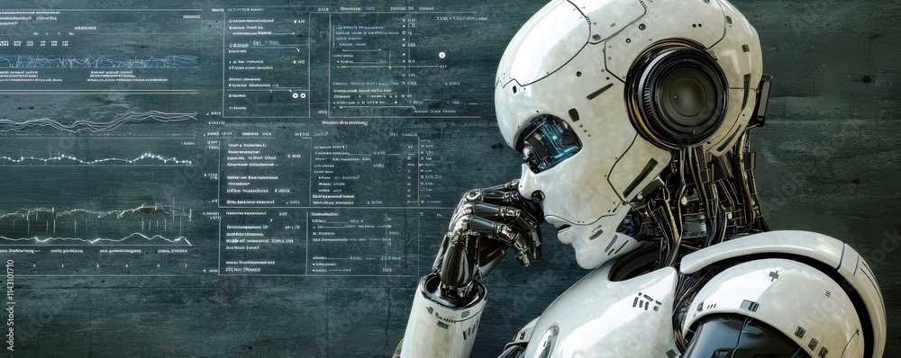 Poster futuristic humanoid robot contemplating data analytics against a high-tech interface background show