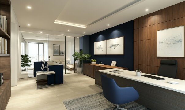 Interior design of a clean, minimalist office setup that closely resembles a modern corporate space. The background shows a sophisticated design with a mix of white and deep navy-blue accent wall