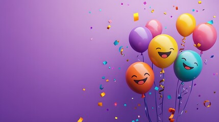 Celebration emojis with balloons and streamers floating on a gradient purple background.