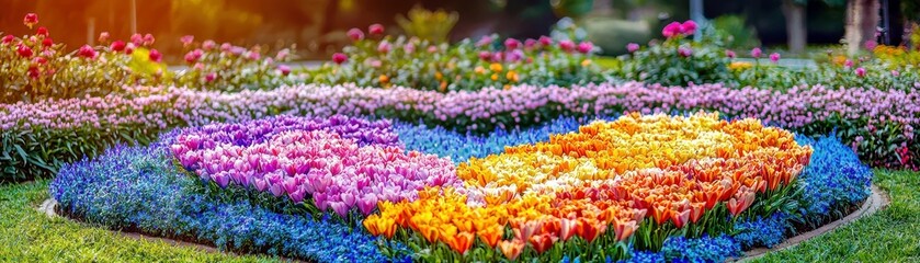 Vibrant Heart-Shaped Floral Arrangement in a Colorful Garden with Blooming Tulips, Daisies, and Blossoms Under Bright Blue Sky at Sunrise