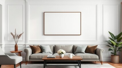 A mockup of a living room wall art above a stylish decor with a blank canvas, perfect for showcasing artwork or photographs, home, empty