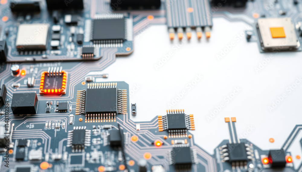 Poster close-up view of advanced tech circuit board. modern electronic components, microchips visible. comp