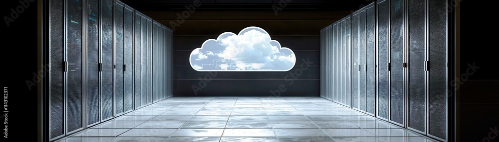 Poster futuristic data center interior with empty cloud space representing virtual storage and digital netw